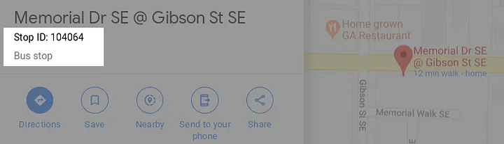Google Maps showing MARTA stop ID